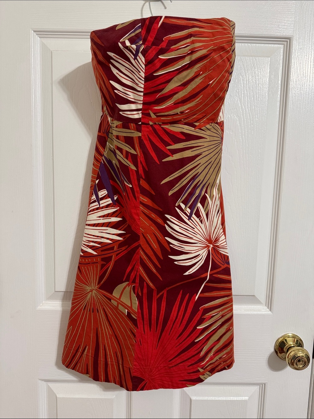 GAP Strapless Tropical Leaf Dress in Red, Brown and Cream